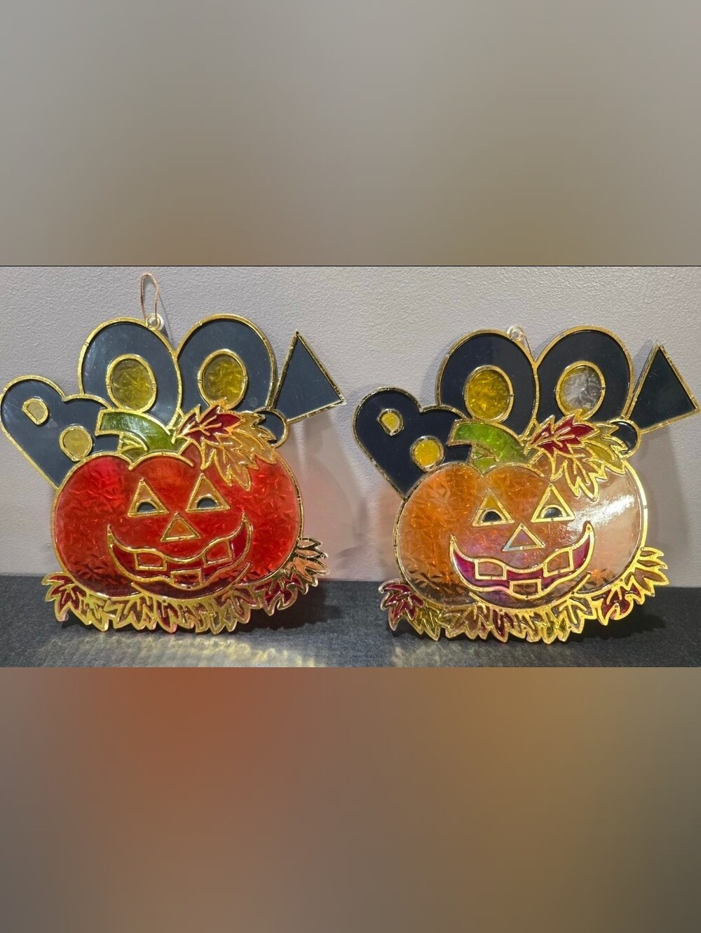 Vintage Jack O Lanterns Stained Plastic Suncatcher Halloween Window Hangers